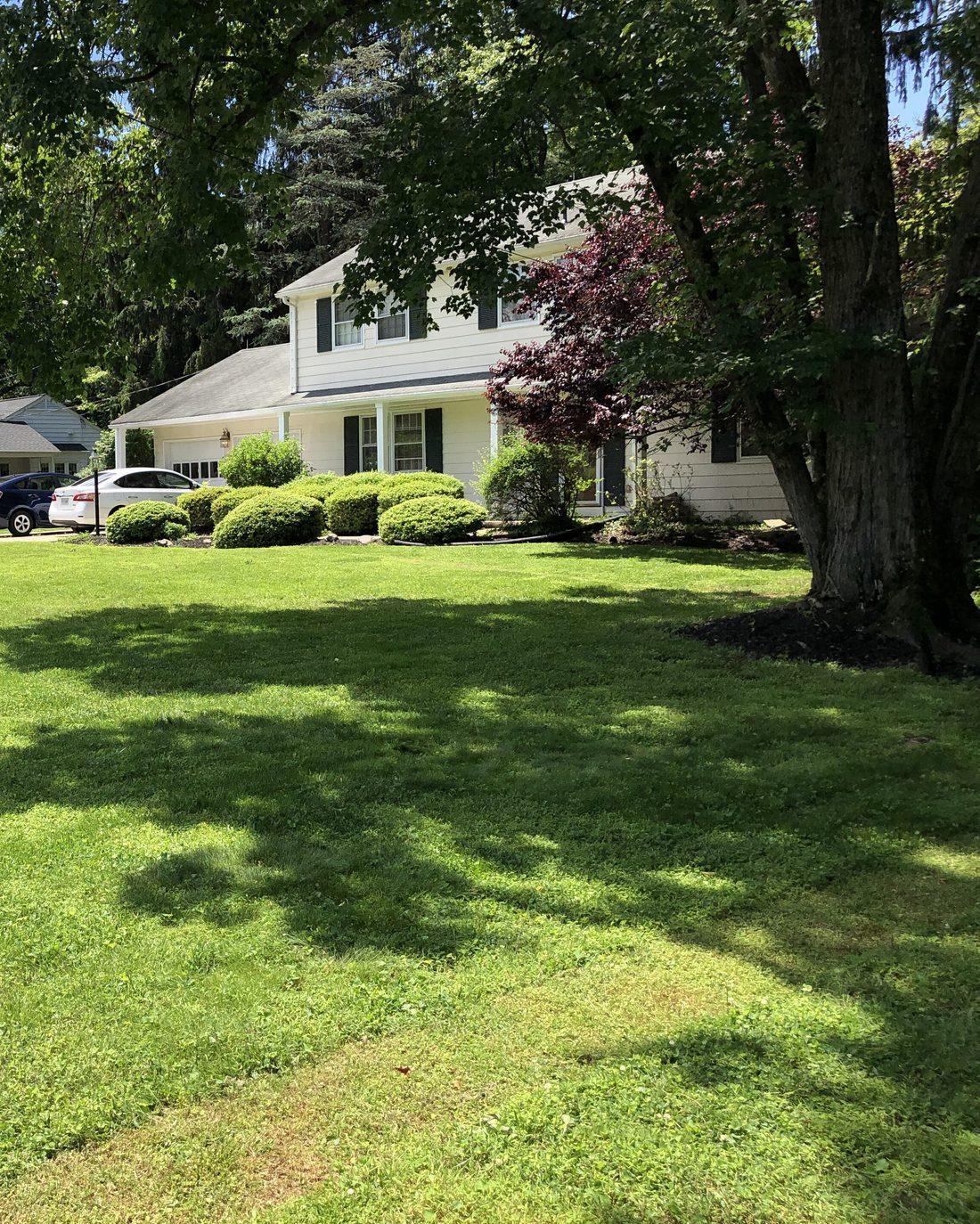 A mowed front lawn and trimmed shrubs in front of a two-story home