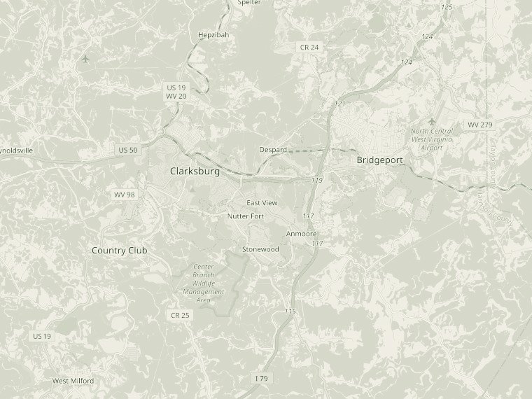 Map of Clarksburg, Bridgeport and surrounding Harrison County, West Virginia